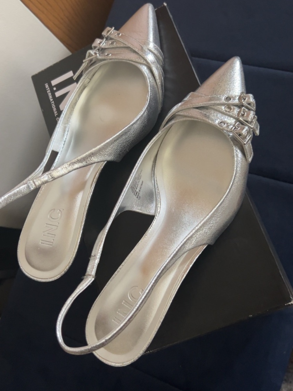 INC International Concepts Metallic Silver Pointed Slingback kitten heel